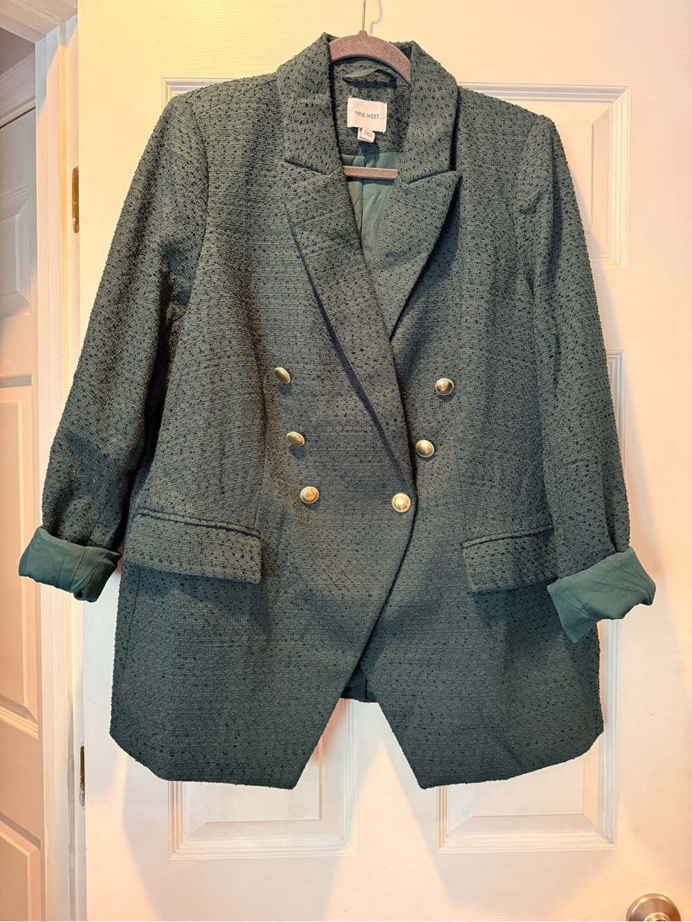 Nine West Textured Olive Green Double-Breasted Blazer